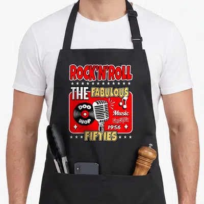 Tablier de cuisine noir avec illustration rétro Rock n Roll The Fabulous Fifties 1956 micro et vinyle