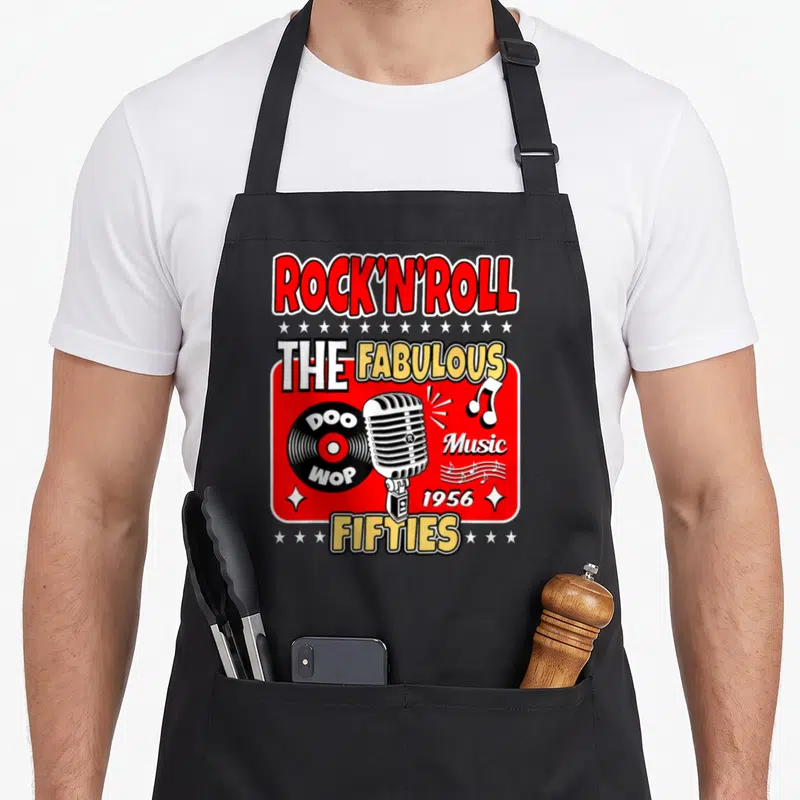 Tablier de cuisine noir avec illustration rétro Rock n Roll The Fabulous Fifties 1956 micro et vinyle