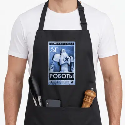 Tablier de cuisine noir avec illustration d'un robot soviétique en aquarelle bleue et inscriptions en alphabet cyrillique.