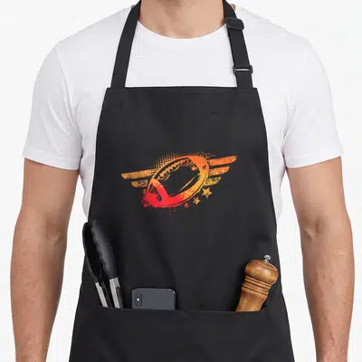 Tablier de cuisine noir avec un ballon de rugby aux ailes orange et rouge style graffiti vintage.