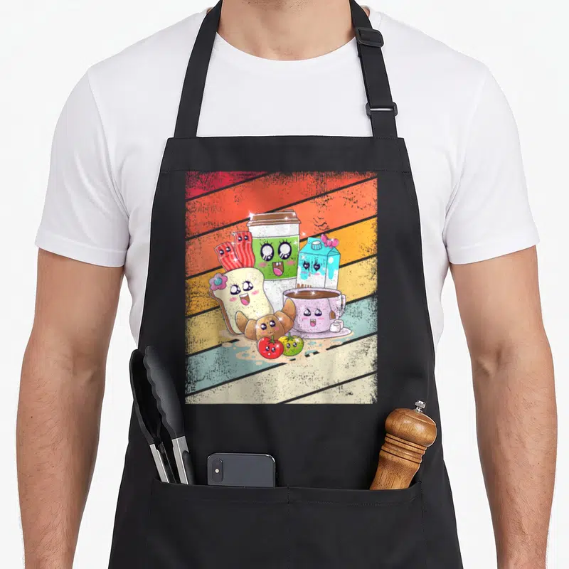 Tablier de cuisine noir avec un petit déjeuner rétro kawaii graphique illustrant des aliments anthropomorphes souriants sur fond rayé coloré.