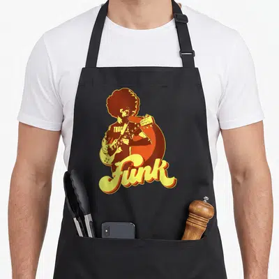 Tablier de cuisine noir avec illustration d'un guitariste funk à l'afro et le mot Funk en lettres jaunes.