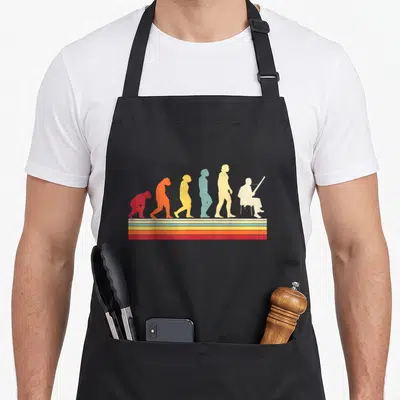 Tablier de cuisine noir avec silhouette évolutive humaine finissant par un joueur de basson sur fond coloré retro.