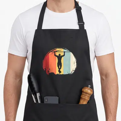 Tablier de cuisine noir avec silhouette calisthenics sur fond arc-en-ciel rétro dégradé.