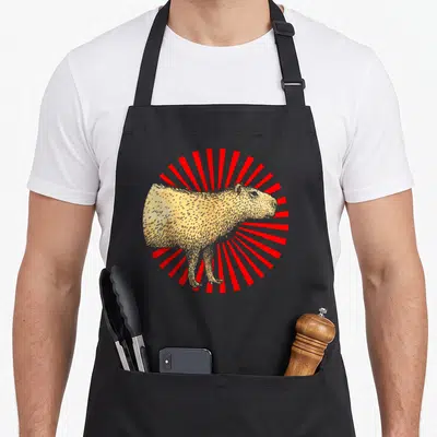 Tablier de cuisine noir avec illustration vintage d'un capybara beige sur fond de rayons rouges stylisés.