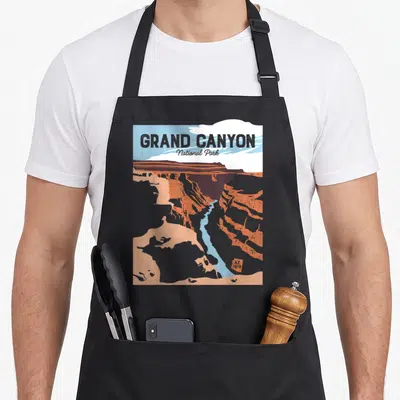 Tablier de cuisine noir avec une illustration du Grand Canyon National Park Arizona en style rétro.