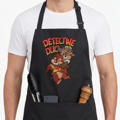 Tablier de cuisine noir avec illustration rétro de Chip et Dale en Detective Duo Rescue Rangers.