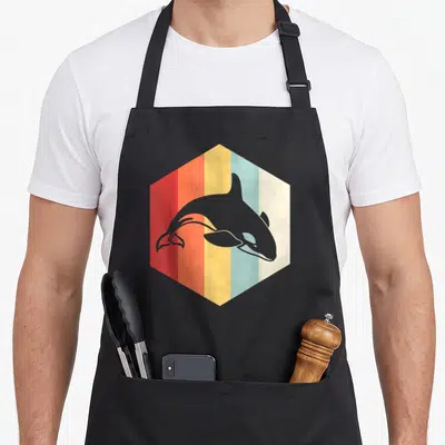 Tablier de cuisine noir avec une orque grise sur un hexagone coloré aux bandes orange jaune et bleu pastel.