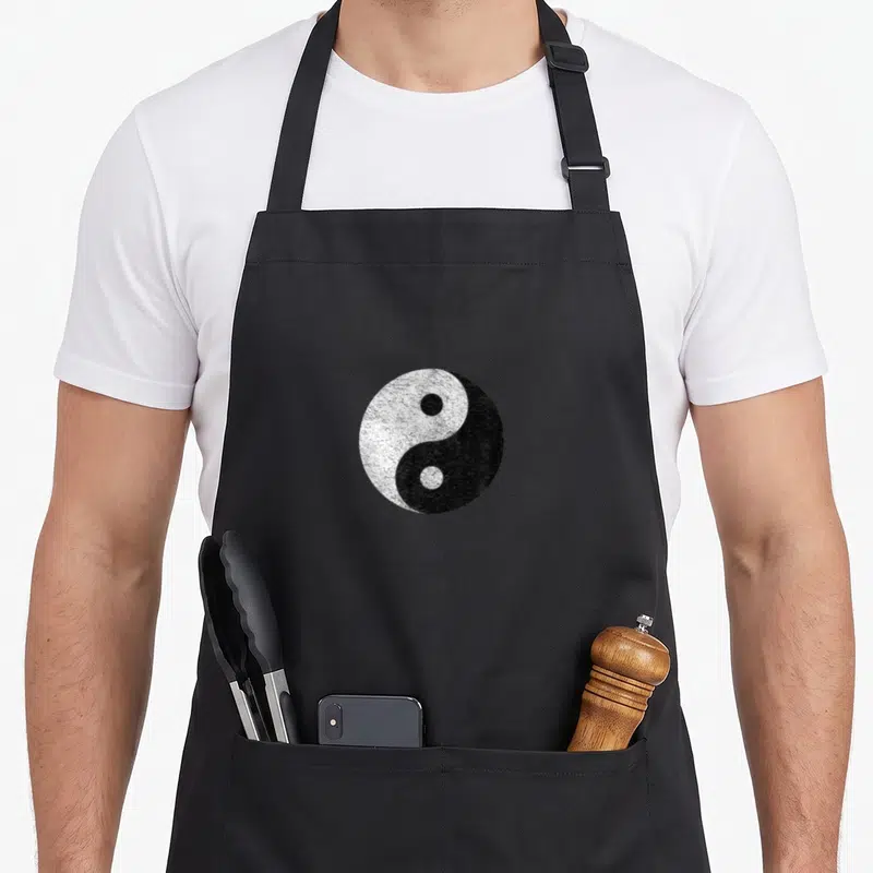Tablier de cuisine noir avec un grand symbole Yin Yang blanc et noir au style vieilli et texturé.