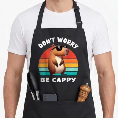 Tablier de cuisine noir avec illustration d'une capybara aux lunettes de soleil et texte Don't Worry Be Cappy sur fond coloré.