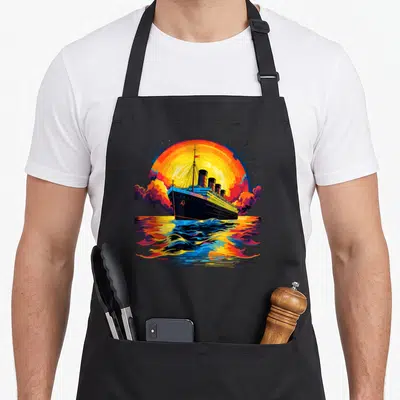 Tablier de cuisine noir avec illustration colorée d'un grand navire de croisière sur mer au coucher du soleil.