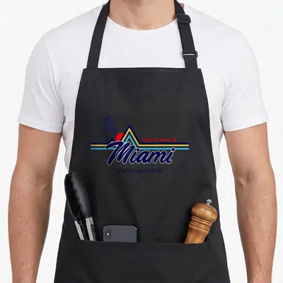 Tablier de cuisine noir avec logo vintage Miami South Beach Florida State et palmiers bleus
