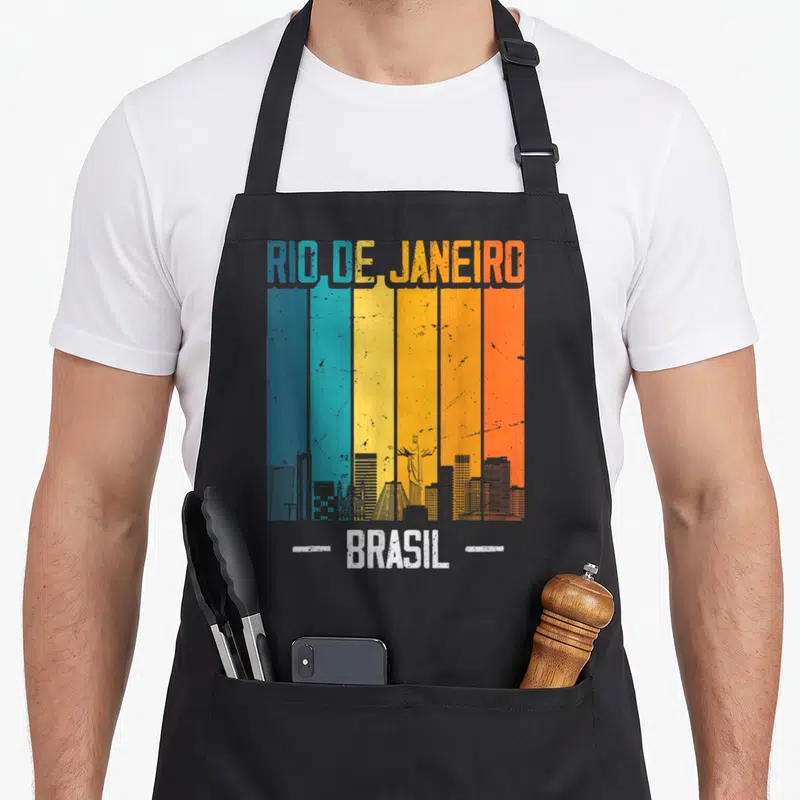 Tablier de cuisine noir avec motif rétro Rio de Janeiro Brésil et horizon coloré