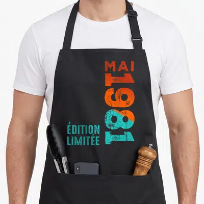 Tablier de cuisine noir avec inscription verticale mai 1981 en orange et turquoise