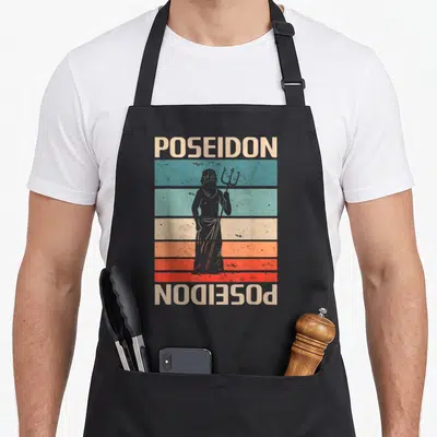 Tablier de cuisine noir avec illustration vintage de Poseidon tenant un trident sur fond de bandes colorées.