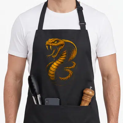 Tablier de cuisine noir avec illustration d'un cobra venimeux aux couleurs ocre et noires, style vintage gravure.