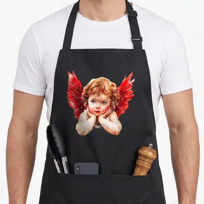 Tablier de cuisine noir avec illustration d'un petit ange aux ailes rouges et cheveux bouclés posant les joues dans les mains.