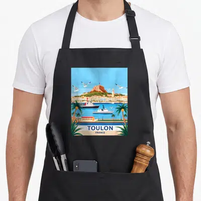 Tablier de cuisine noir avec illustration colorée de Toulon France incluant navires, palmiers et oiseaux en style voyage retro