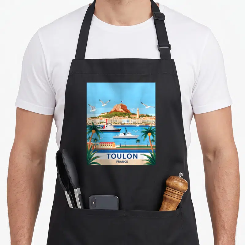 Tablier de cuisine noir avec illustration colorée de Toulon France incluant navires, palmiers et oiseaux en style voyage retro