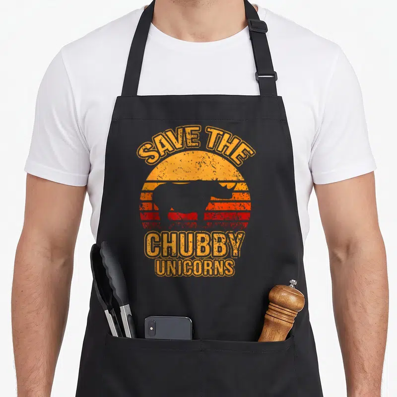 Tablier de cuisine noir avec silhouette de rhinocéros et texte Save The Chubby Unicorns style rétro.