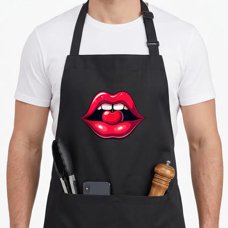 Tablier de cuisine noir avec illustration de lèvres rouges tenant une cerise en bouche au style rétro.