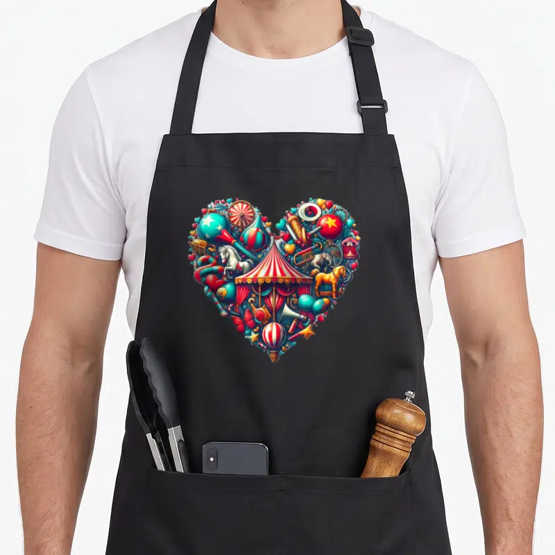 Tablier de cuisine noir avec illustration heart-shaped cirque vintage couleurs vives tente et animaux fantastiques