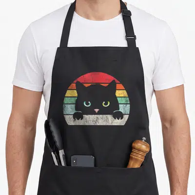 Tablier de cuisine noir avec illustration d'un chat gris aux yeux verts et bleus sur fond de soleil rayé multicolore délavé.