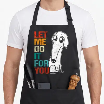 Tablier de cuisine noir avec illustration rétro d'un chien Barzoi blanc et texte coloré vertical.