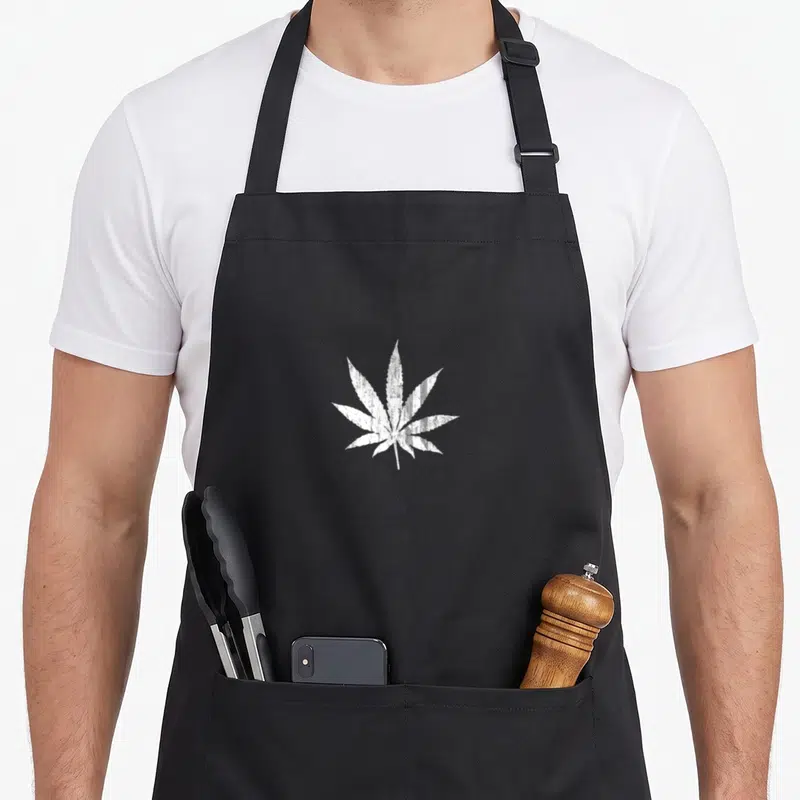 Tablier de cuisine noir avec une illustration blanche de feuille de cannabis au design vieilli et texturé.