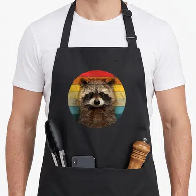 Tablier de cuisine noir avec illustration circulaire d'un baby raccoon sur fond de bandes colorées rétro.