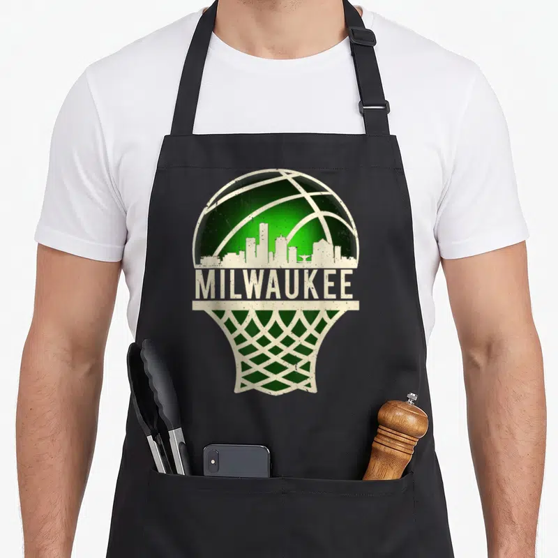Tablier de cuisine noir avec illustration d'un ballon de basket vert et du mot Milwaukee Wisconsin en blanc sur fond gris uni.