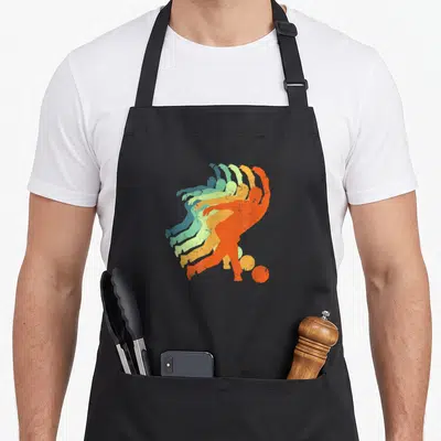 Tablier de cuisine noir avec illustration de silhouettes de bowlers colorées en mouvement.