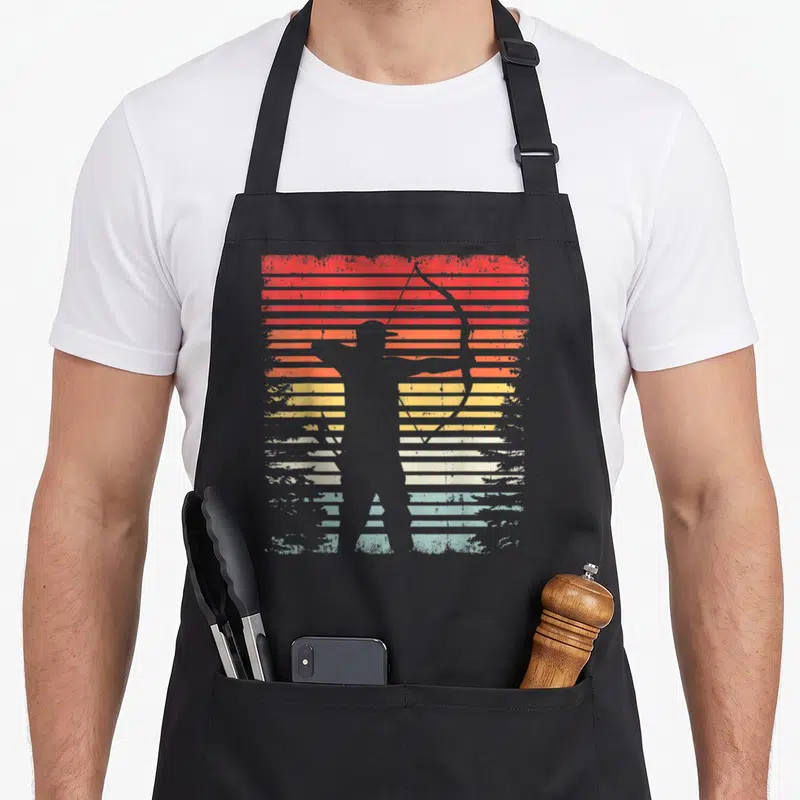 Tablier de cuisine noir avec silhouette d'archer et fond rayé coloré style rétro.