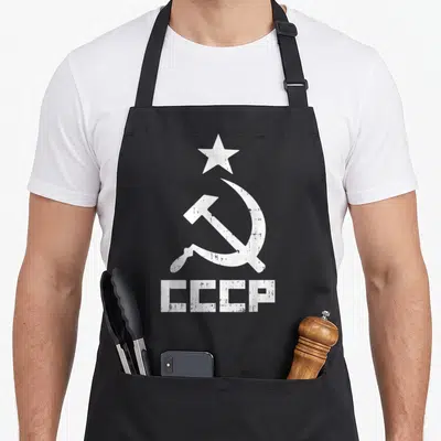 Tablier de cuisine noir avec l'inscription CCCP, une étoile, un marteau et une faucille en blanc délavé.