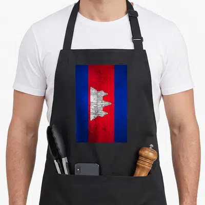 Tablier de cuisine noir avec drapeau Cambodia Nation Flag Retro Khmer style grunge et temple blanc au centre.