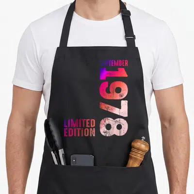 Tablier de cuisine noir avec l'inscription Septembre 1978 Limited Edition en typographie colorée et dégradée.