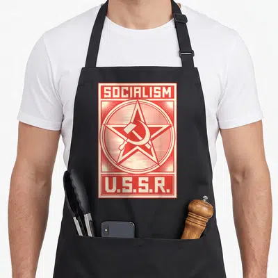 Tablier de cuisine noir avec une illustration rouge et crème style propagande soviétiqueSocialisme U.S.S.R.