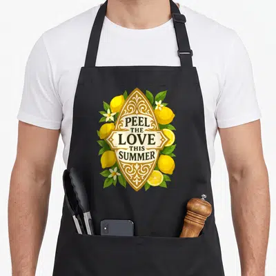 Tablier de cuisine noir avec motif rétro Peel the Love This Summer entouré de citrons et de feuilles vertes.