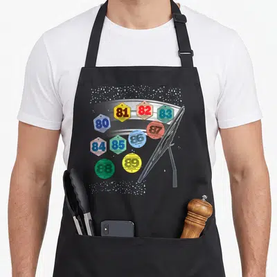 Tablier de cuisine noir avec vignettes colorées années 80 et balai de pare-brise illustré sur fond gris.