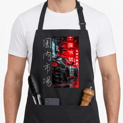 Tablier de cuisine noir avec illustration de voiture sport noire, néons rouges et caractères japonais verticaux.