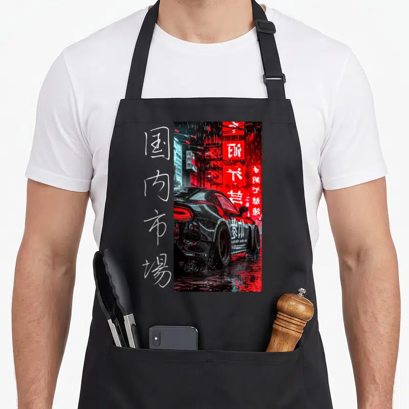 Tablier de cuisine noir avec illustration de voiture sport noire, néons rouges et caractères japonais verticaux.