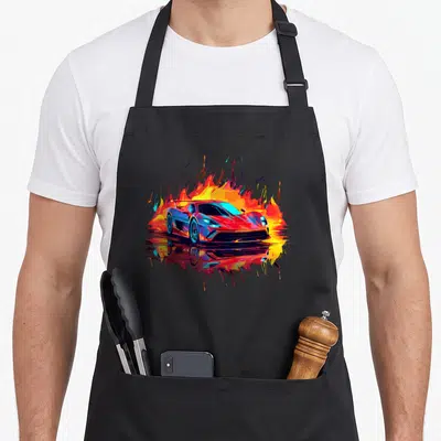 Tablier de cuisine noir avec une supercar aux couleurs vives et un effet de peinture éclatante.