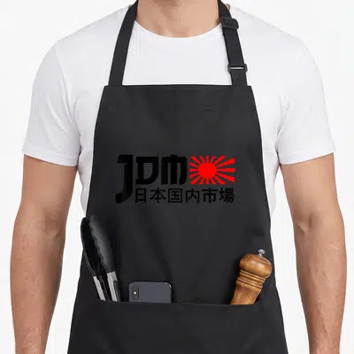 Tablier de cuisine noir avec logo JDM et soleil levant rouge sur fond uni.
