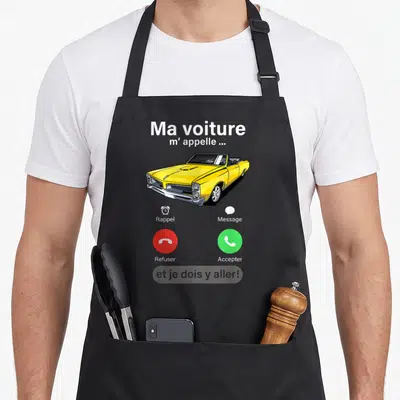 Tablier de cuisine noir avec une décapotable jaune et des boutons d'appel téléphonique, rappel message refuser accepter