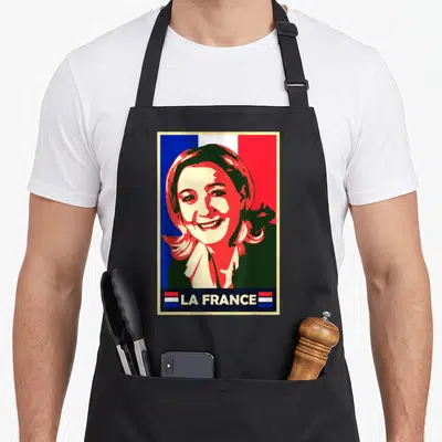 Tablier de cuisine noir avec portrait stylisé aux couleurs tricolores et texte La France en bas.