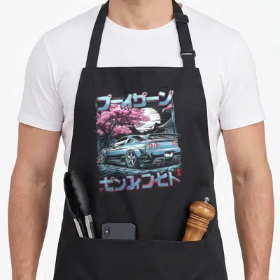 Tablier de cuisine noir avec illustration d'une voiture japonaise bleue, de fleurs de sakura roses et de texte en caractères japonais.