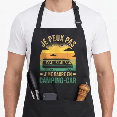 Tablier de cuisine noir avec illustration vintage d'un camping-car et texte Je peux pas j'me barre en camping-car campeur.