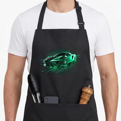 Tablier de cuisine noir avec une illustration de supercar exotique aux lignes géométriques vertes et noires.