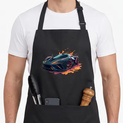 Tablier de cuisine noir avec illustration d'une supercar hypercar aux accents orange et effet d'éclaboussure dynamique.