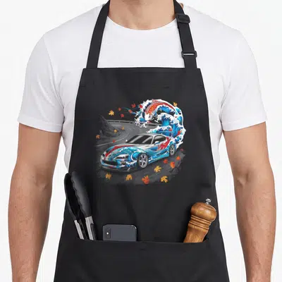 Tablier de cuisine noir avec illustration d'une voiture japonaise stylisée par des vagues bleues et une carpe koi rouge sautant.